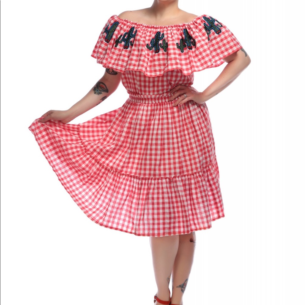 ModCloth Cactus Embroidered Gingham Dress US 16 - Picture 1 of 4